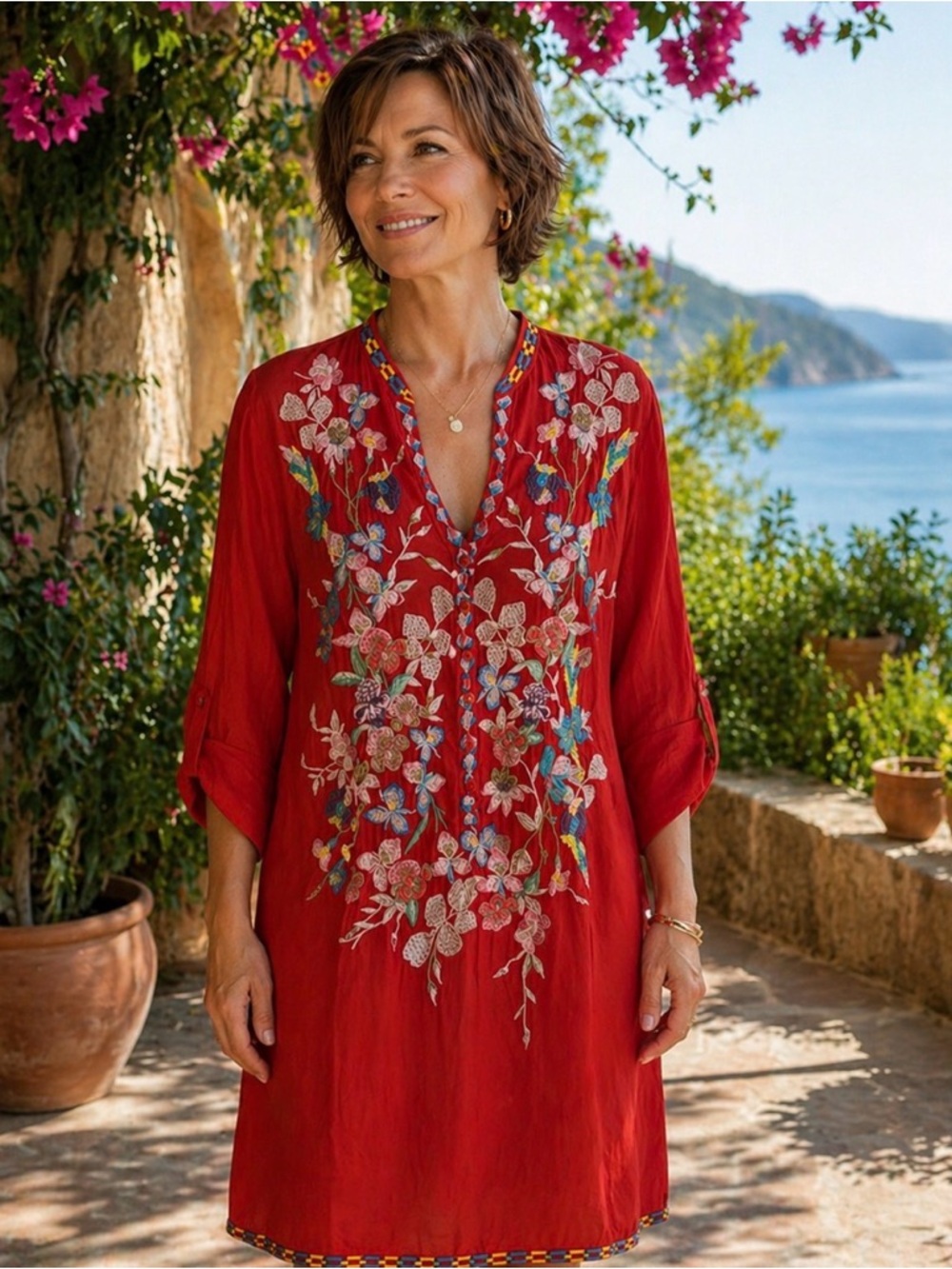 Johnny Was Long Sleeve Embroidered Floral Long Tunic Blouse Medium
